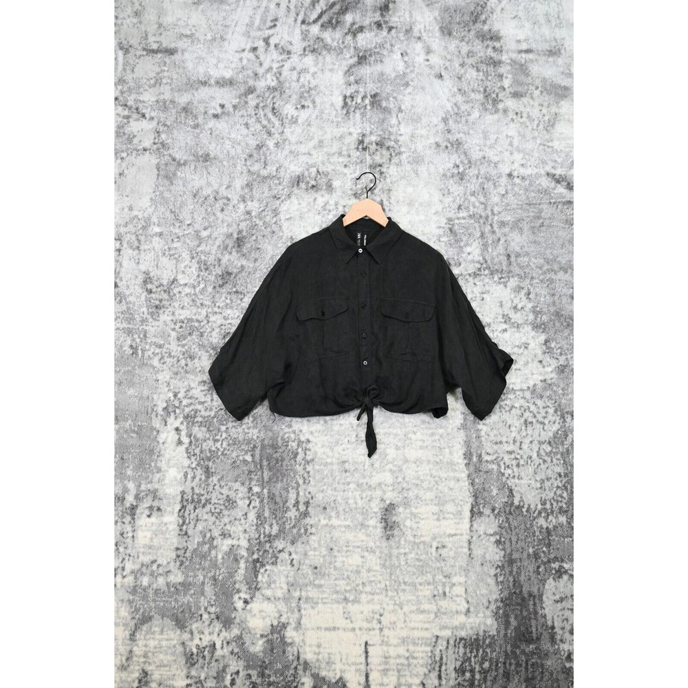 Zara Washed Black Oversize Button Collared Crop Shirt Top
